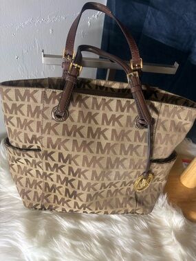 Michael Kors Beige and Brown MK Logo Tote with Gold Charm